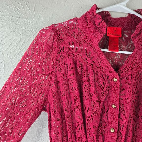 Cristina Tunic Red Floral Lace Sheer Button Front Bell Sleeve Fairy Glam Shirt - Picture 10 of 12